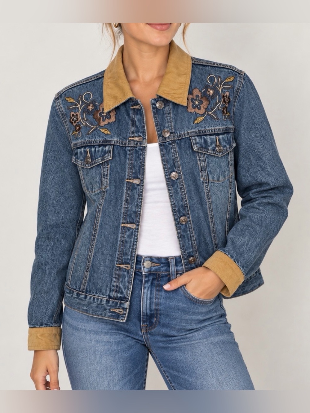 Faded Glory Vintage Sandblast Embroidered Denim Jacket Women’s Large 12/14